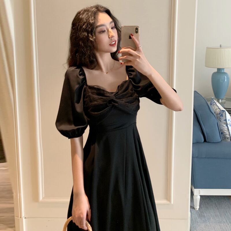 スプリングカラーブラックドレス ロングスカート ハイウェストウェスト 春物 スクウェア 1号婦人69718786554