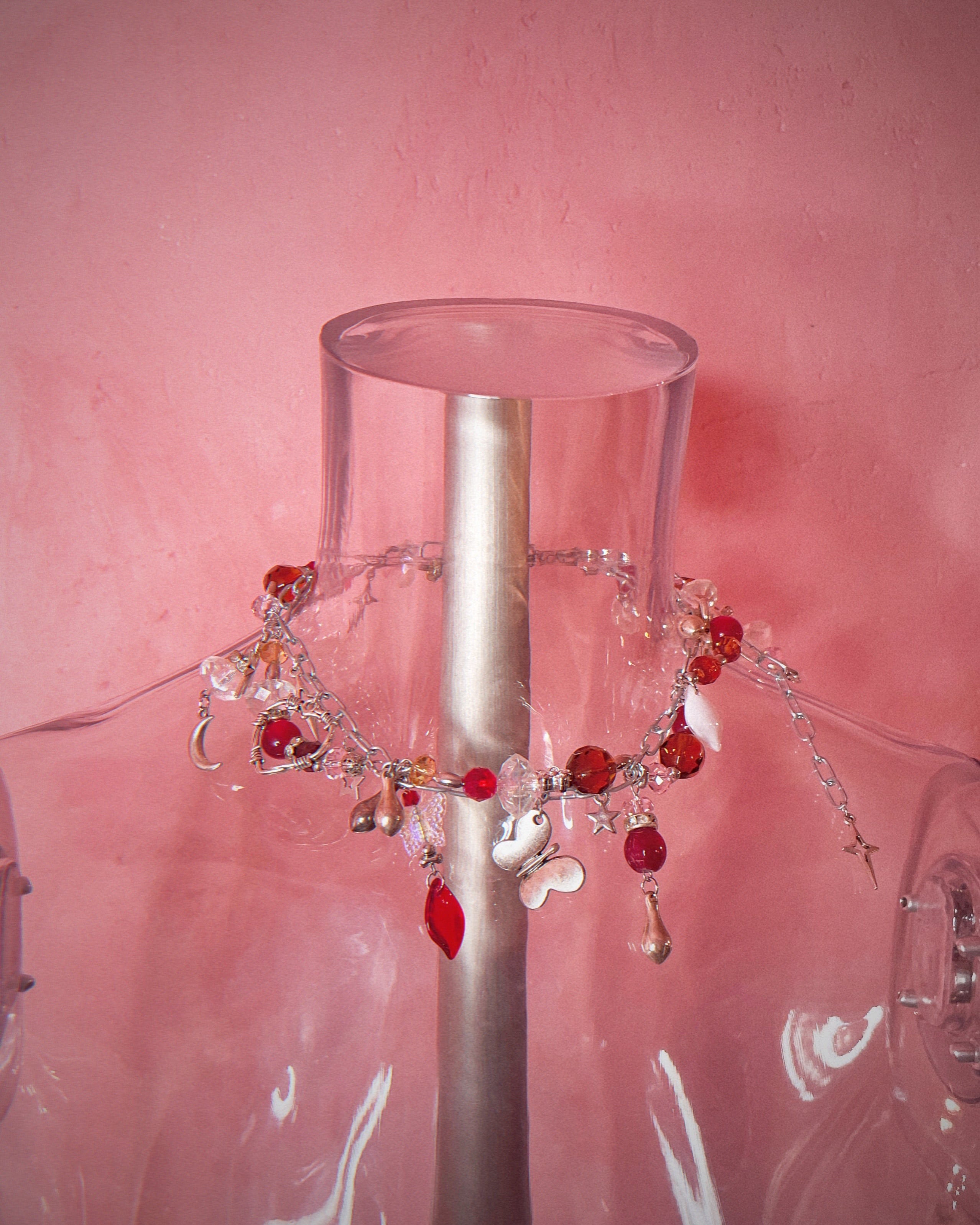 Chunky Charm Necklace 〈Silver red〉