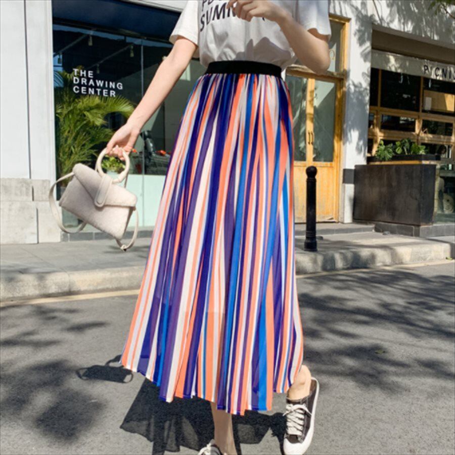 カジュアル系 マキシスカート Aライン フレア ウェストゴム マルチカラー レインボーカラー 体型カバー 夏 お出かけ 国内即発送