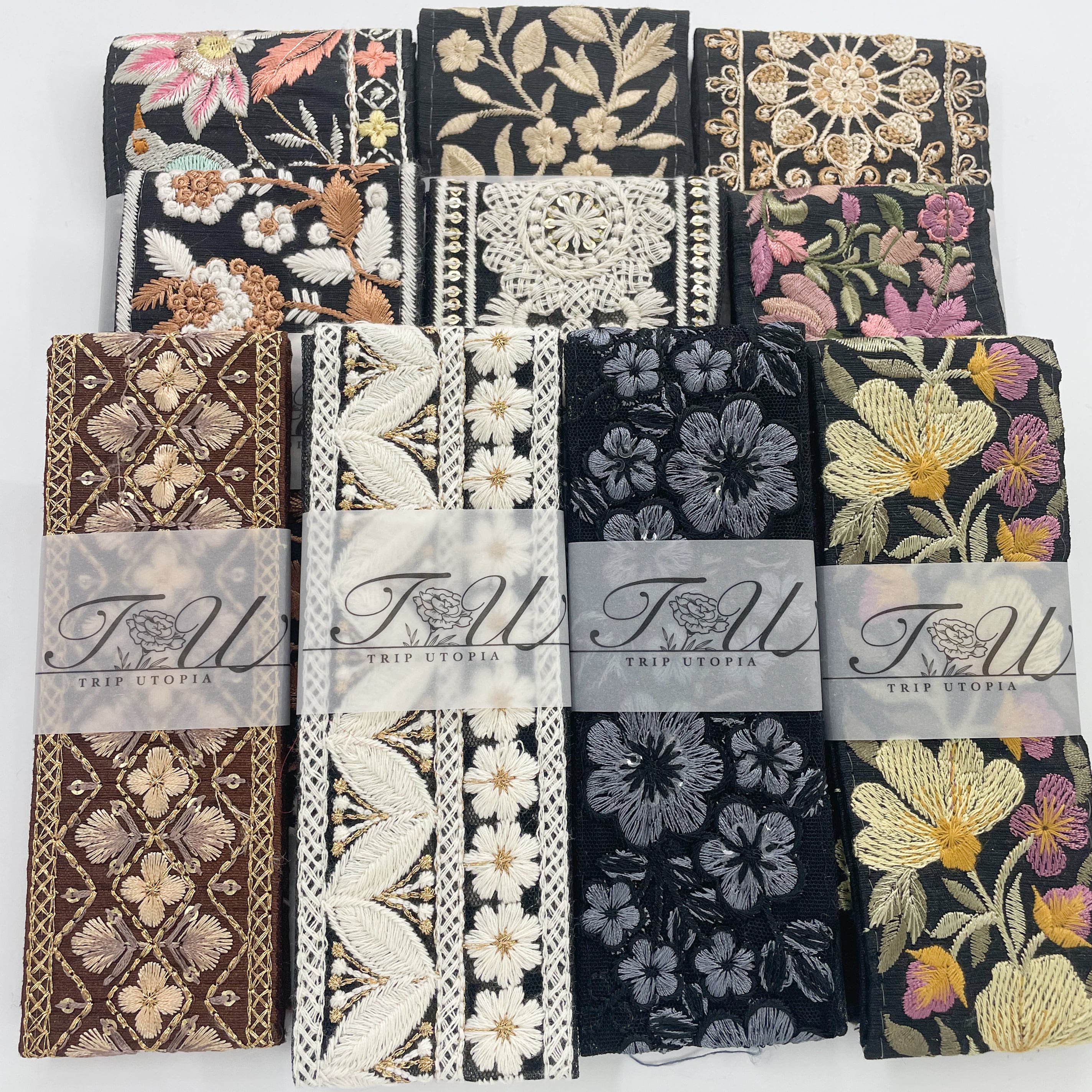 数量限定】モノトーン系インド刺繍リボンセットA（50cmカット10本入り