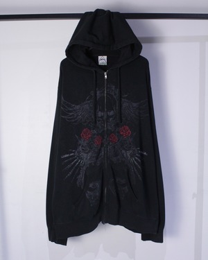 【Caka BLACK】Skull × Rose Gothic Print Print Vintage Loose Zip up Hoodie