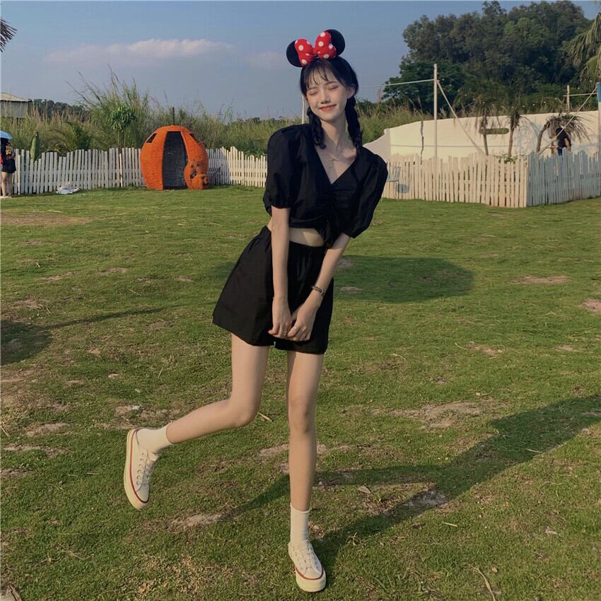 サマースリーブブラックショートシャツ ルーズカジュアル薄手ショーツ 夏物 ブルマー クレセントシティ51497957724