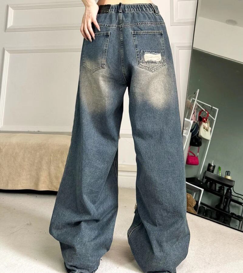 usedライクなダメージデニム♪ クラッシュド ワイドシルエット デニム