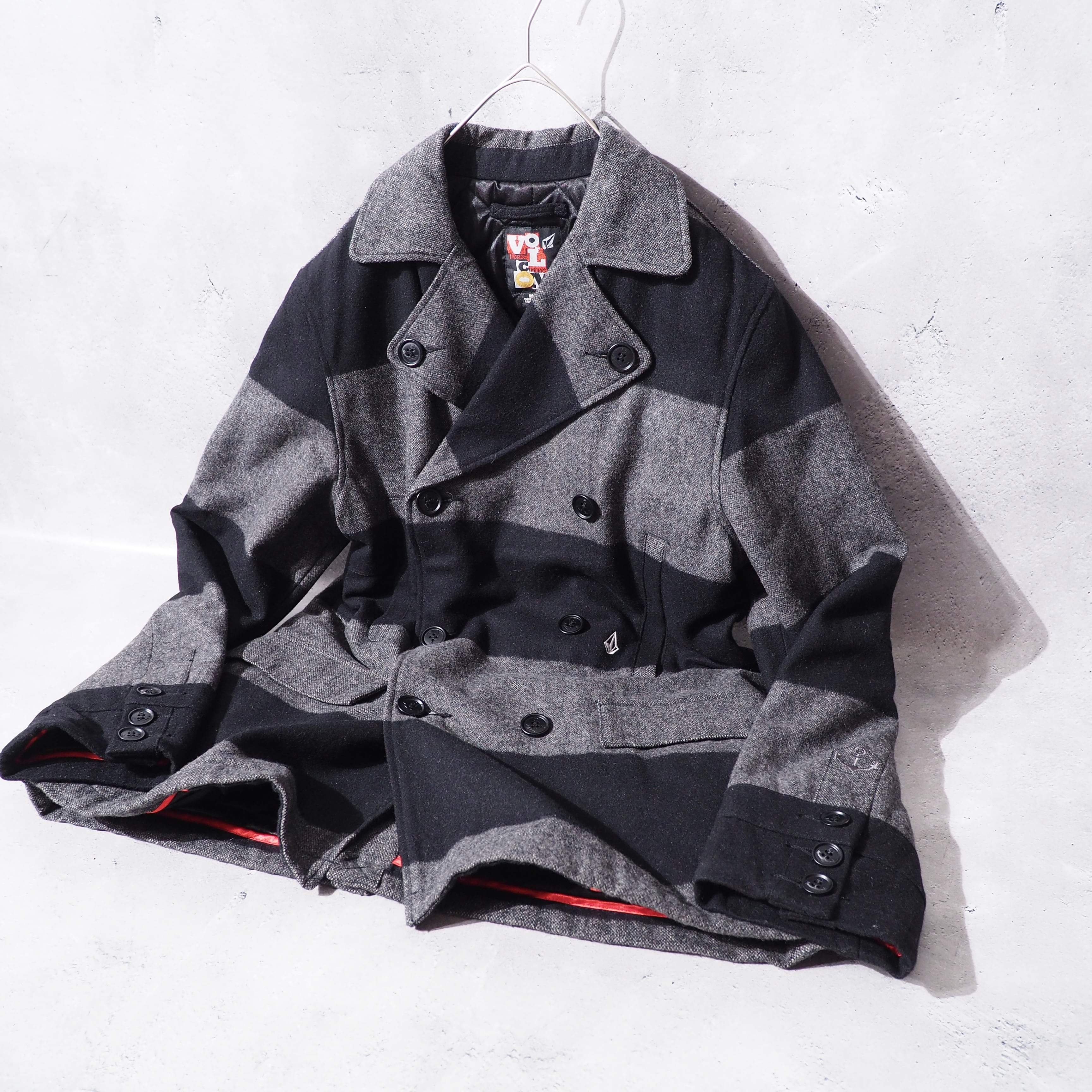 2000s " VOLCOM " Black × Dark grey Fat Border pattern wool Pea coat