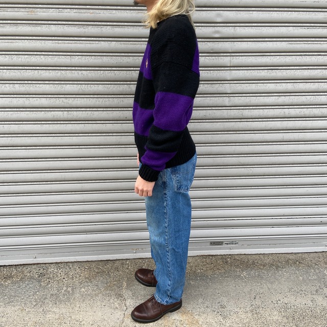 90s RalphLauren ボーダー柄ボートネックセーター　黒　紫　M