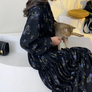 花柄ブラックロングワンピース W00698