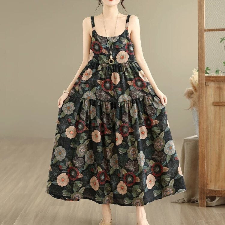 PRINT A-LINE LONG TIERED STRAP DRESS 7colors M-16760