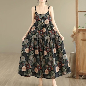 PRINT A-LINE LONG TIERED STRAP DRESS 7colors M-16760