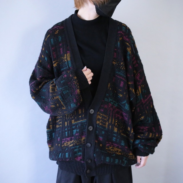 "LONDON FOG" psychedelic multi color design loose silhouette knit cardigan