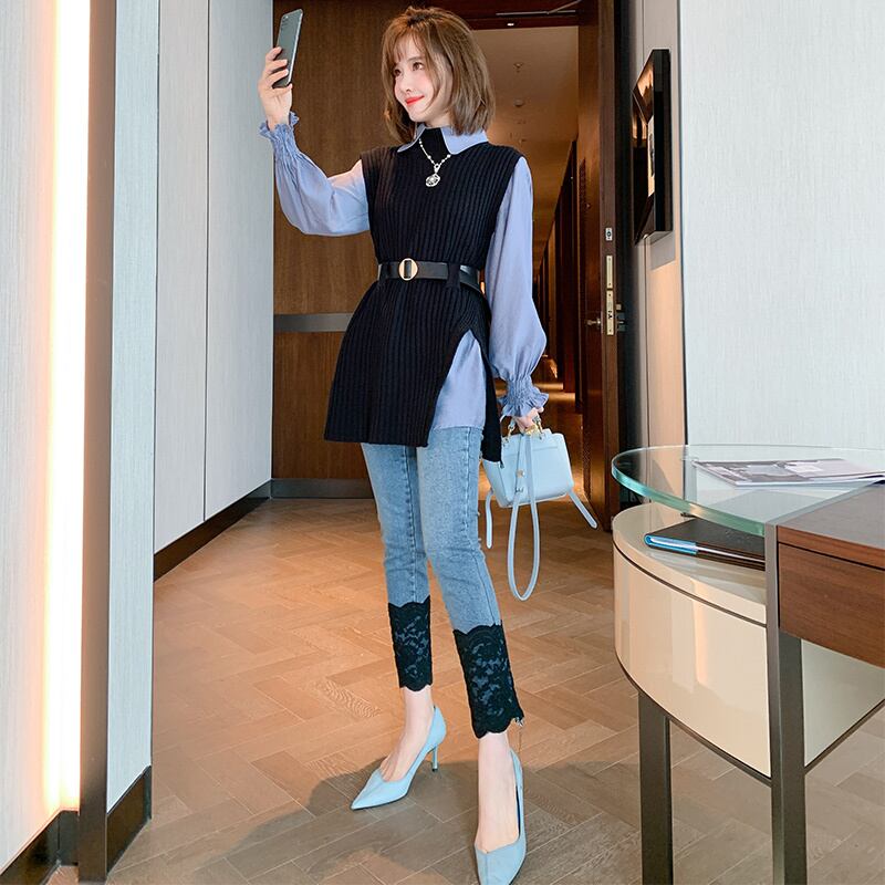 レースカラースリムクロップドジーンズ ウィンター 冬物 ステッチ MIUCO24080975162