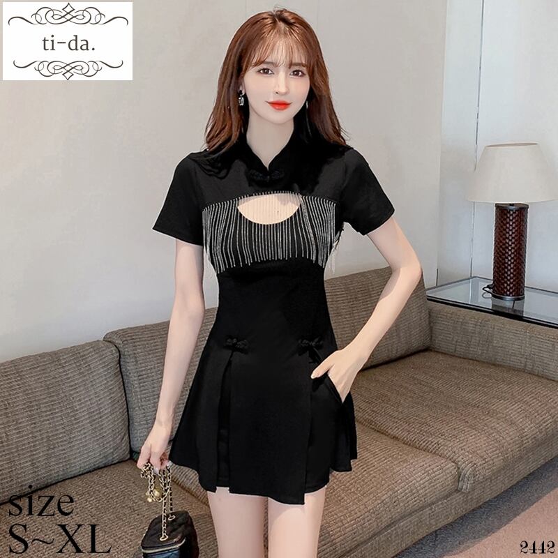 No 2442 韓国ワンピース きれいめワンピース 大人可愛いワンピース フレアワンピース ミニワンピース 胸元フリンジ ショートパンツ付き ブラック Ti Da 韓国ワンピース専門店