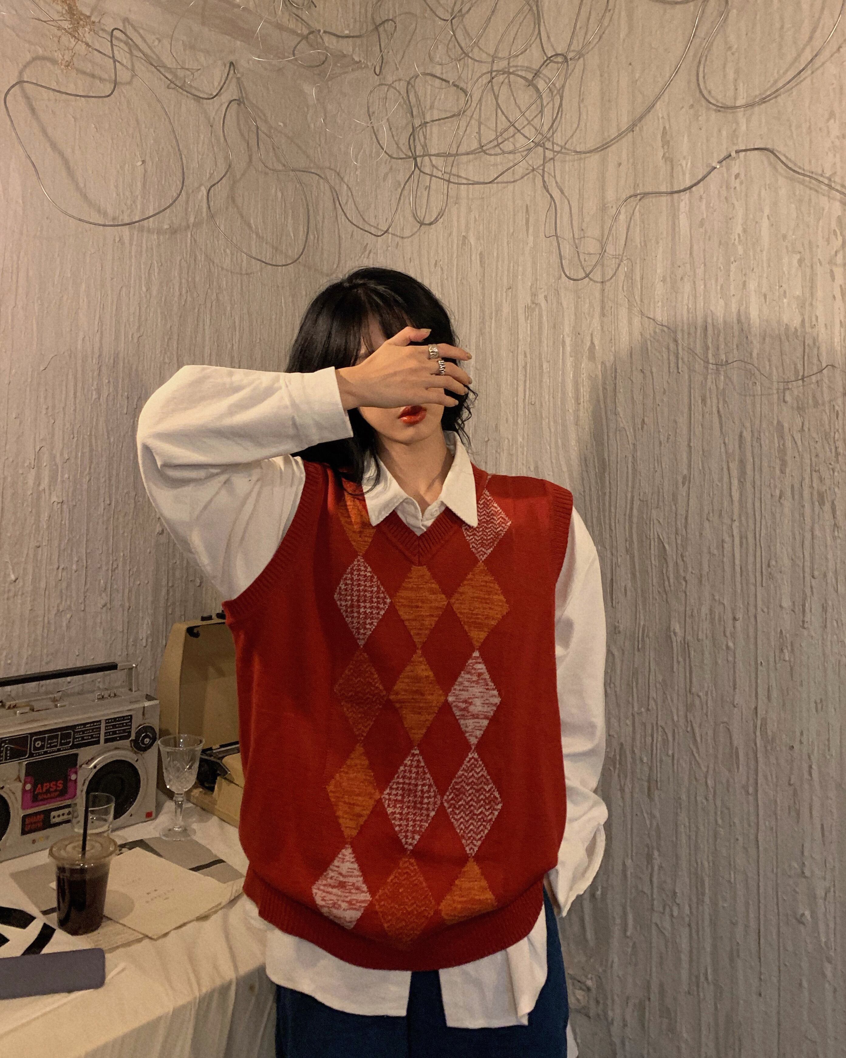 セーター ルーズスタンダードレッドスプリング レトロ 春物 ブラックストロベリース5860946267