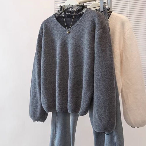 2色／レイヤードシアーレースニットトップス ・73961