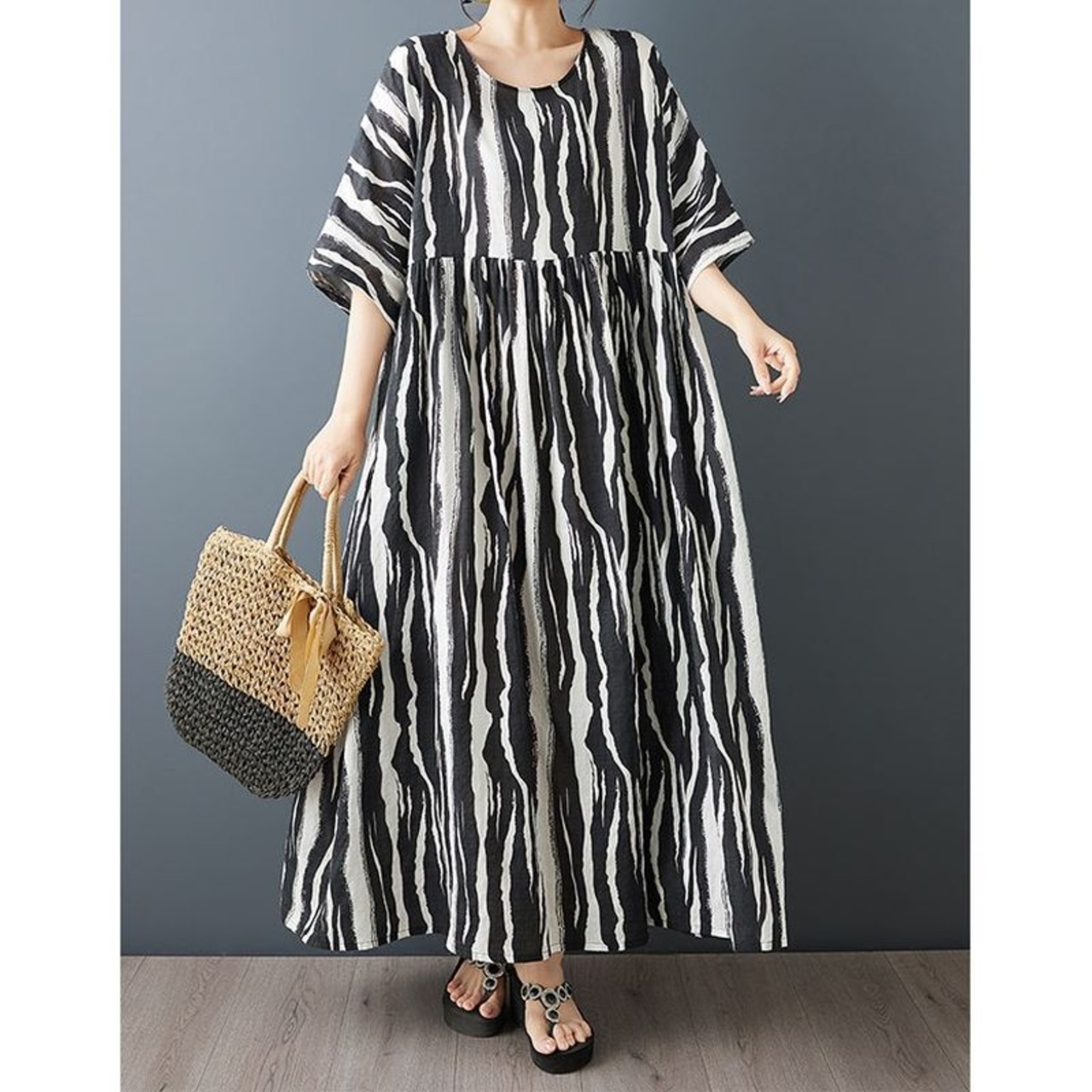 モノトーン 柄切替 ワンピース 30216