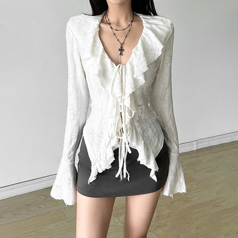 frill v-neck crinkle round-collar blouse la2264