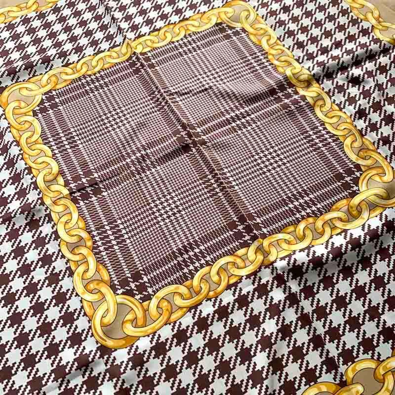 スカーフ　千鳥格子模様　ブラウン×ゴールド　レトロファッション 12ACcv10