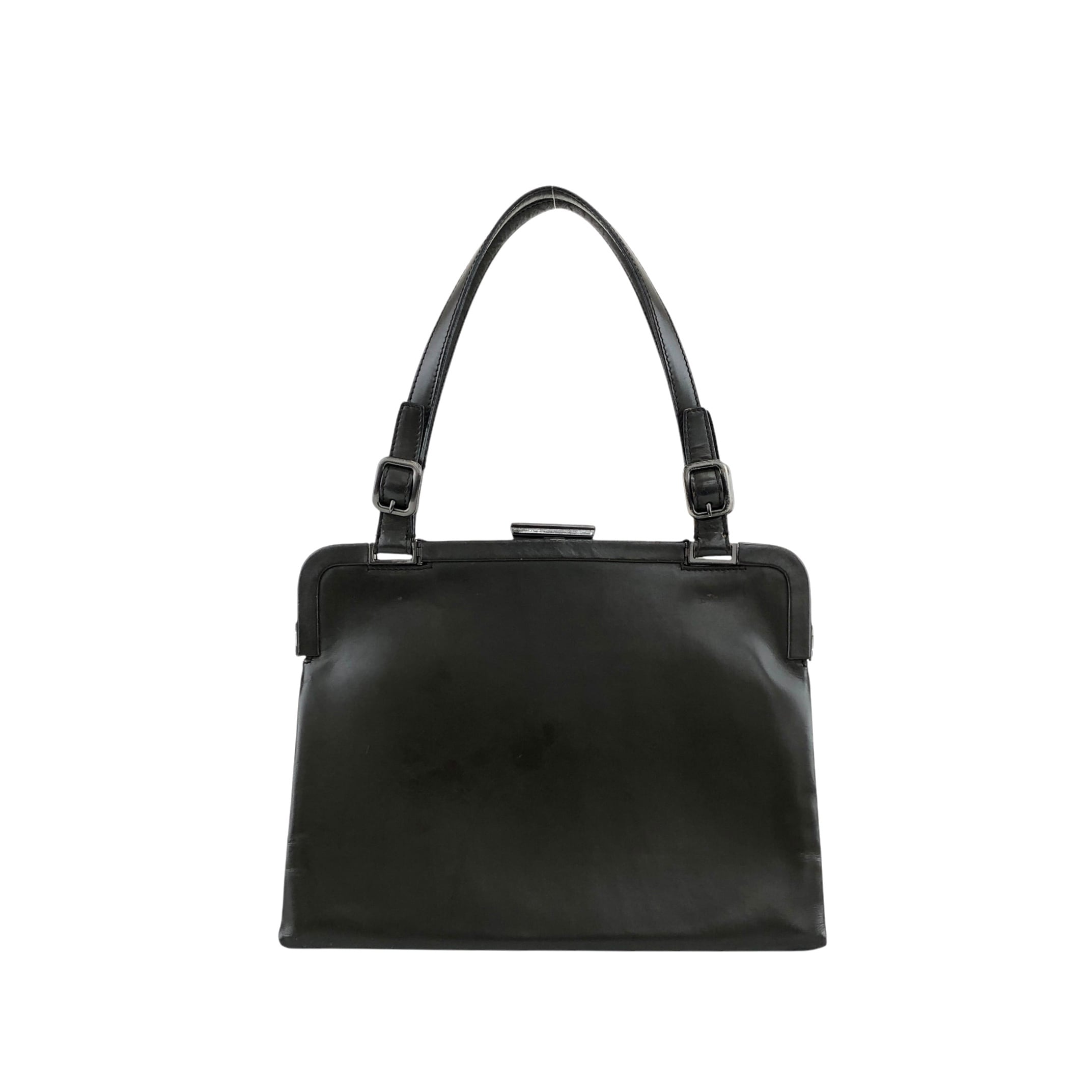 レア　プラダ　ハンドバッグ　がま口 PRADA プラダ ハンドバッグ ダークグリーン ロゴ型押し レザー がま口