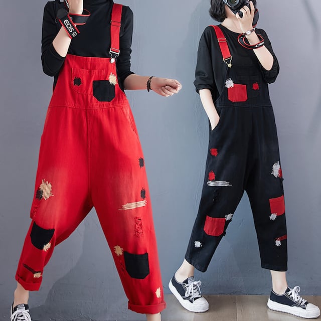 【予約販売】サロペット レディース オーバーオール パンツ ポップ スリム ポケット付 レッド ブラック デニム コットン カジュアル レッド/ブラック M/L/XL/2XL