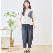 TRUBEスモールフィッシュアップリケ切替デザインバレルテーパードデニムパンツ【M~L】ネイビー