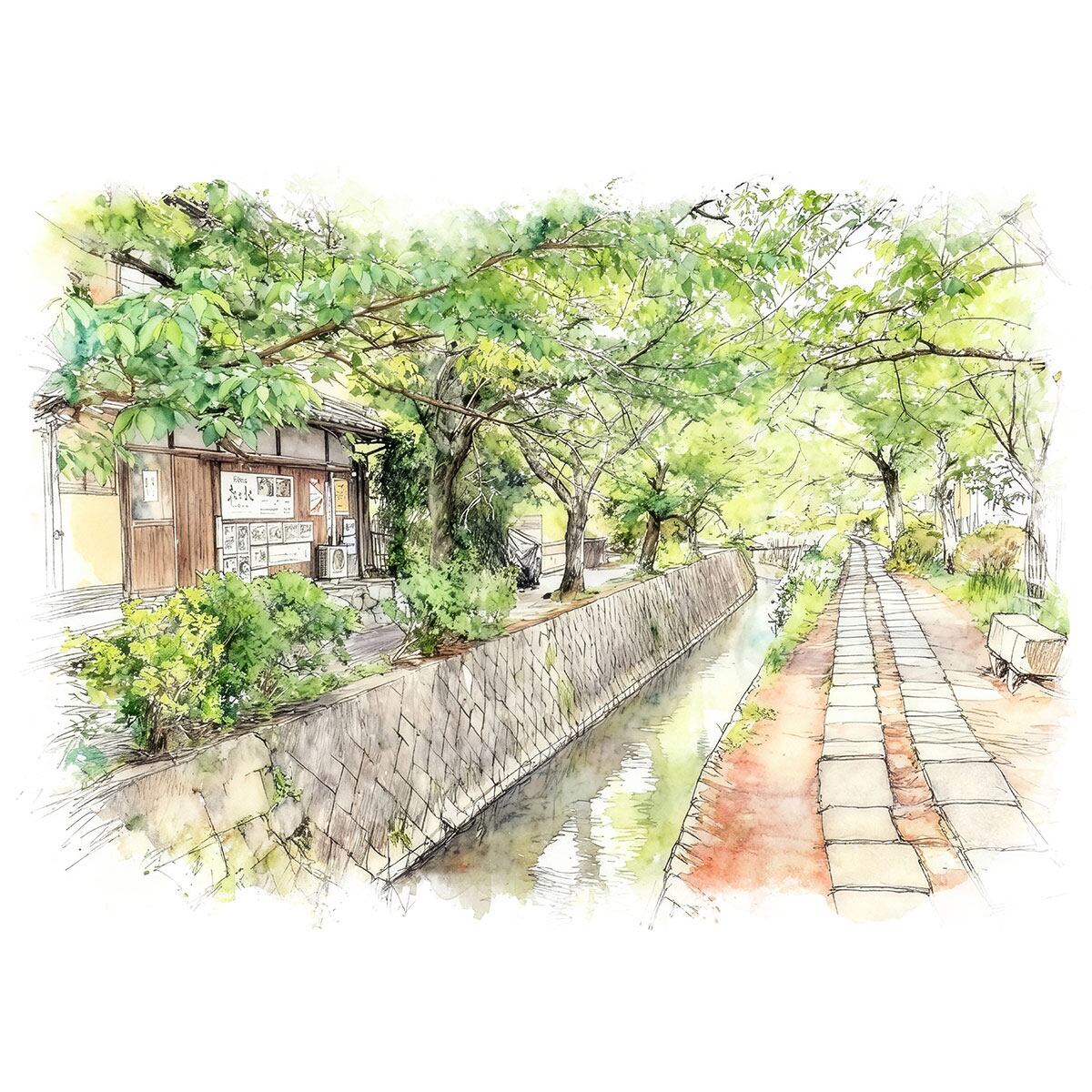 絵画 風景画(街並み) 日本 京都府 哲学の道 インテリアアート額付き 水彩画・油絵風 WAT1548