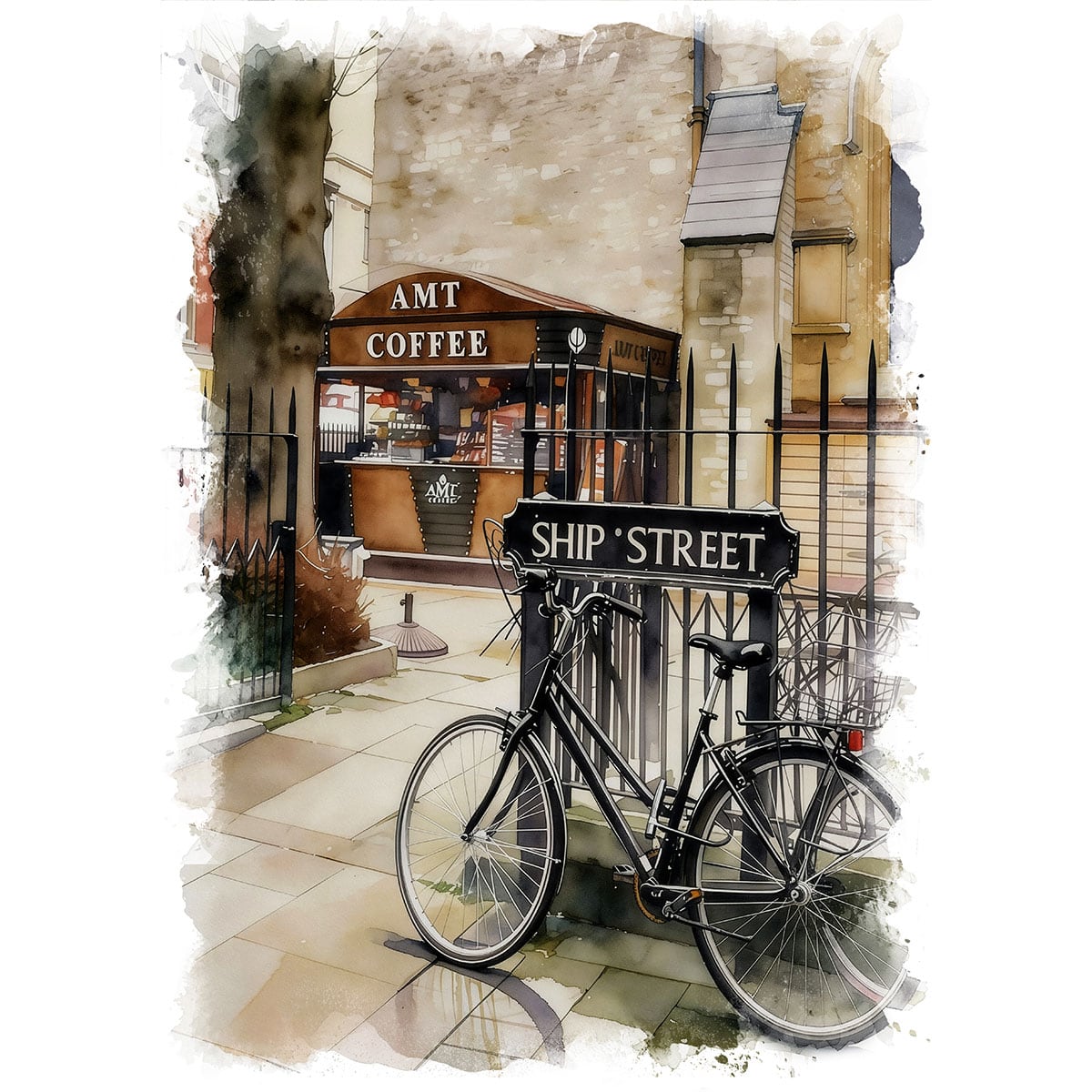 絵画 風景画(街並み) イギリス オックスフォード カフェの前の自転車