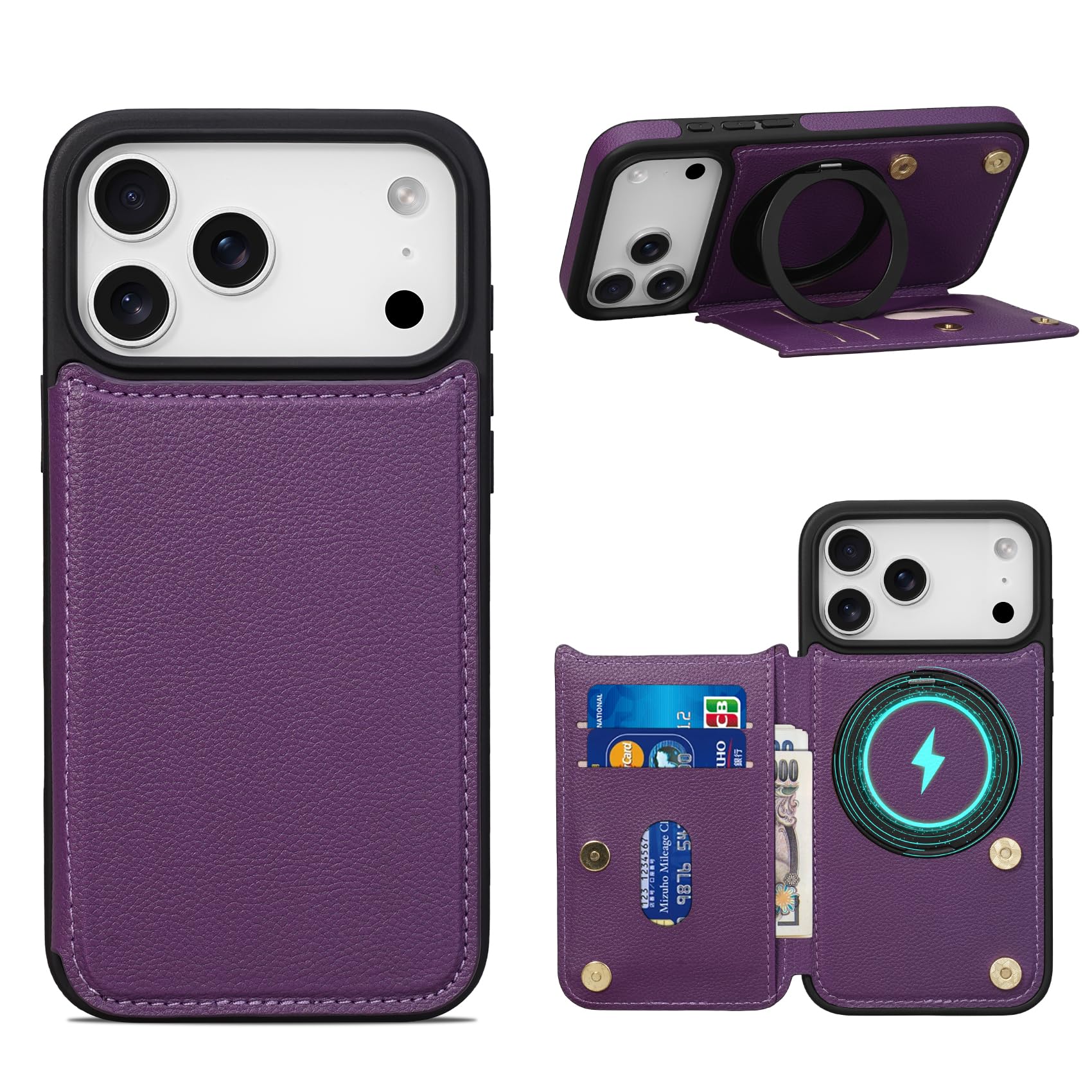Shlybaay iPhone 18 Pro Max/17 Pro Max 用 MagSafe対応 背面 手帳型ケース カード収納 パープル