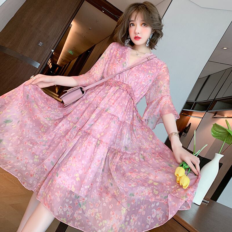 Vネックレーススリーブプリント柄ドレス サマー レッド 夏物 シルク ステッチ MIUCO93099077232