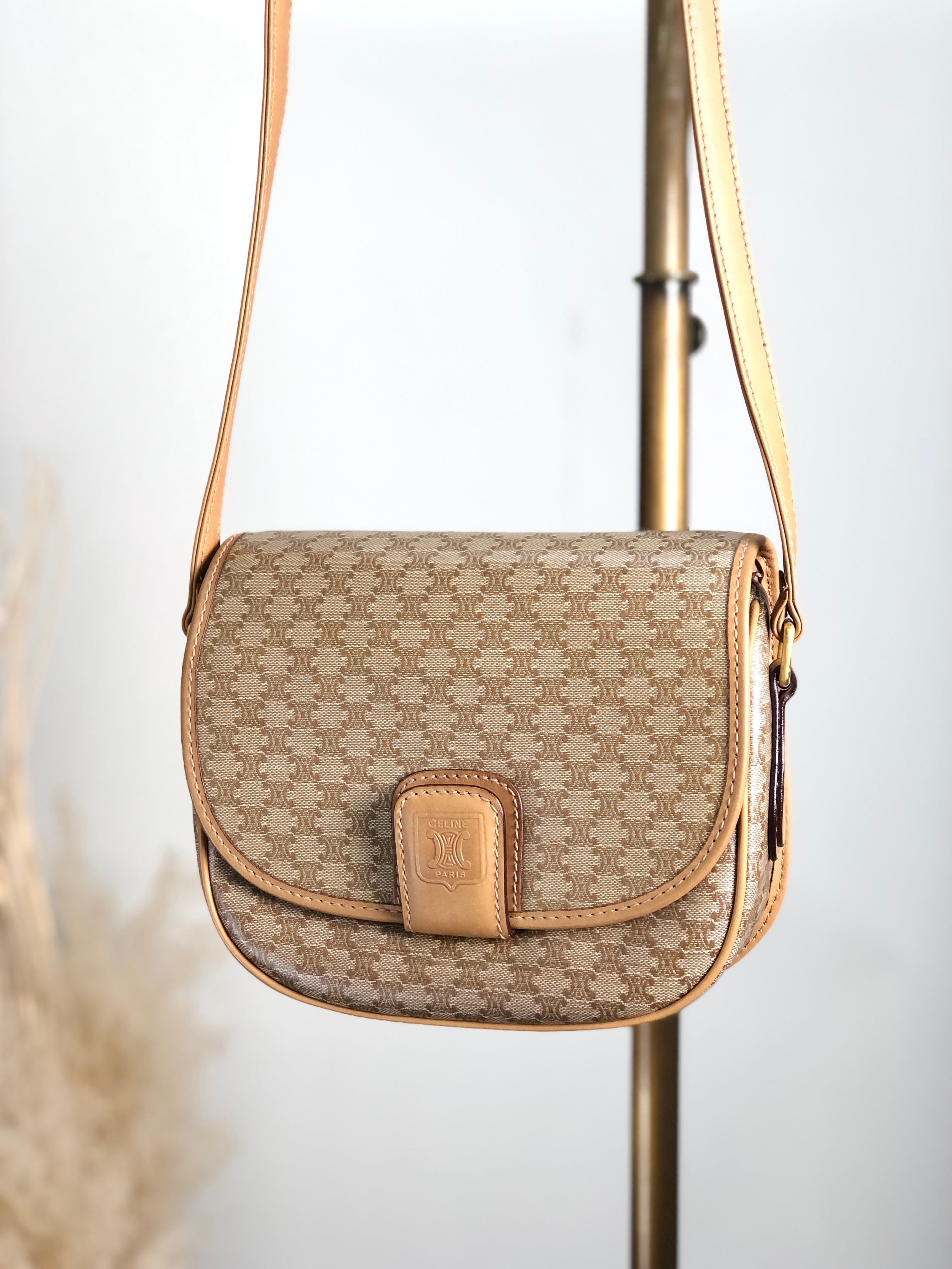 CELINE セリーヌ マカダム ショルダーバッグ ベージュ ブラゾン型押し PVC レザー vintage ヴィンテージ オールド 47p7fs