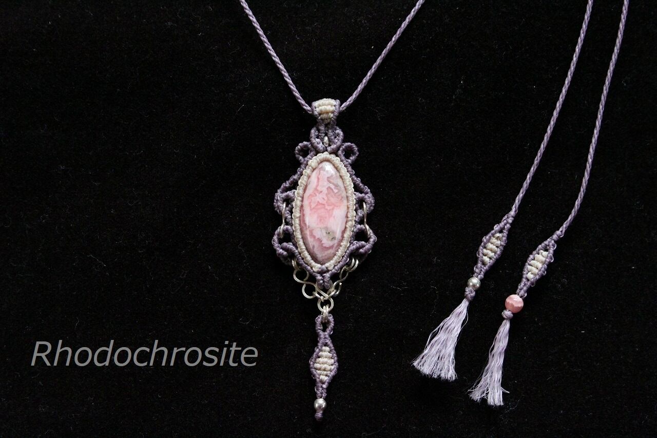 Rhodochrosite silverwire micromacrame pendant