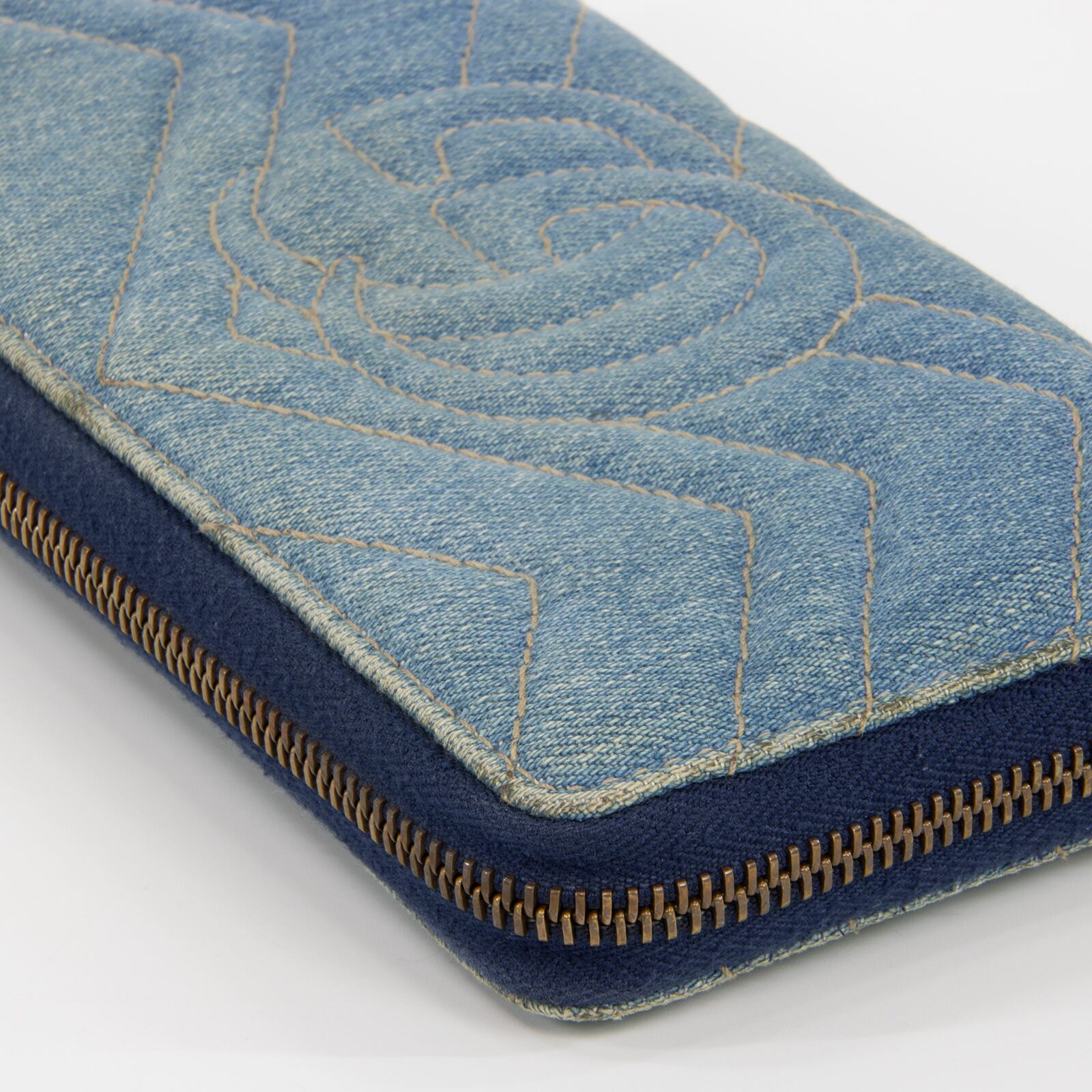 本物 グッチ 長財布 GGマーモント 日本限定 デニム 青 ロゴ フェイクパール