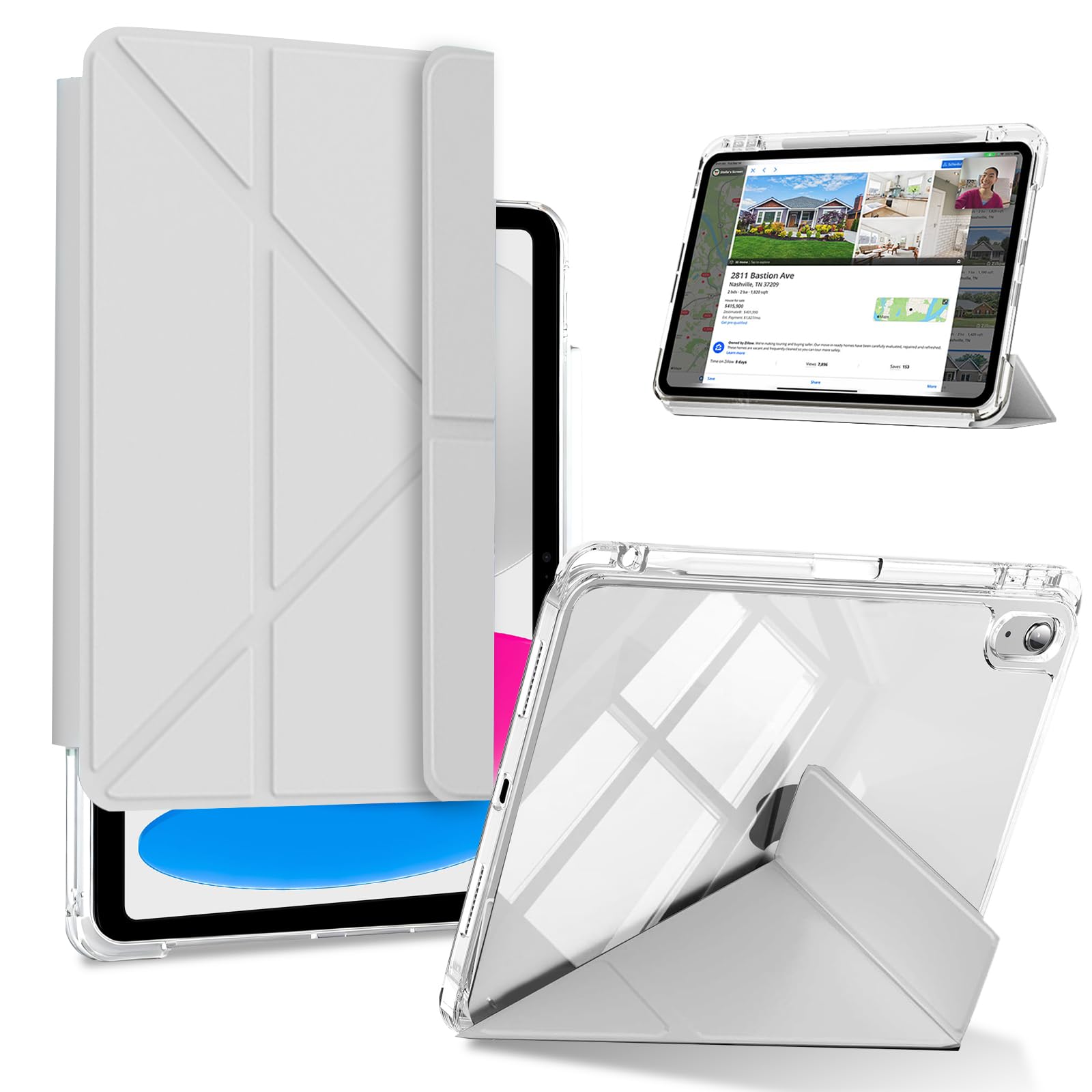KeeFos ケース iPad 11インチ(A16 第11世代 2025)、iPad 10.9インチ(第10世代 2022) 対応 透明 PC/TPU 保護カバー 取り外し可能 多機能スタンド 横置き 縦置き ペントレイ付き 保護ケース (グレー)