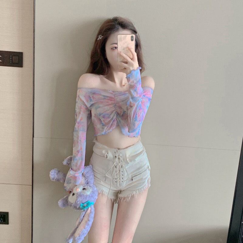 ルーズ絞り染めプリントメッシュTシャツレディースサマーストラップレスショートシンロングスリーブ2020ニュートップのバージョン ブラックストロベリース35346077763