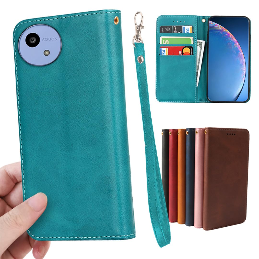 AQUOS Wish5 SH-52F SH-M32 ケース 手帳型 ストラップ 同梱 適用 アクオス ウィッシュ5 手帳型ケース ウィッシュ5ケース Aquoswish5 カバー 手帳 Aquoswish5ケース ウィッシュ5 手帳型カバー wish5 case 【GoKIGIoD】 財布型 内蔵マグネット 弱磁 カード収納 ストラップホール スタンド機能 耐衝撃 レトロ ターコイズ