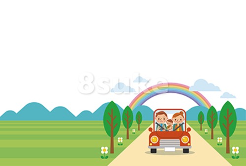 イラスト素材：ドライブを楽しむ家族/春・夏・ヨコ・白バック（ベクター・JPG）