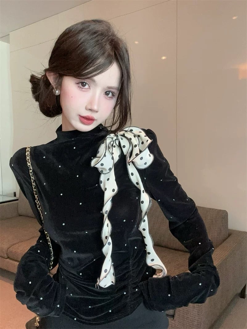 romierose 2025新作 ドットベロアリボントップス あざとい コア系