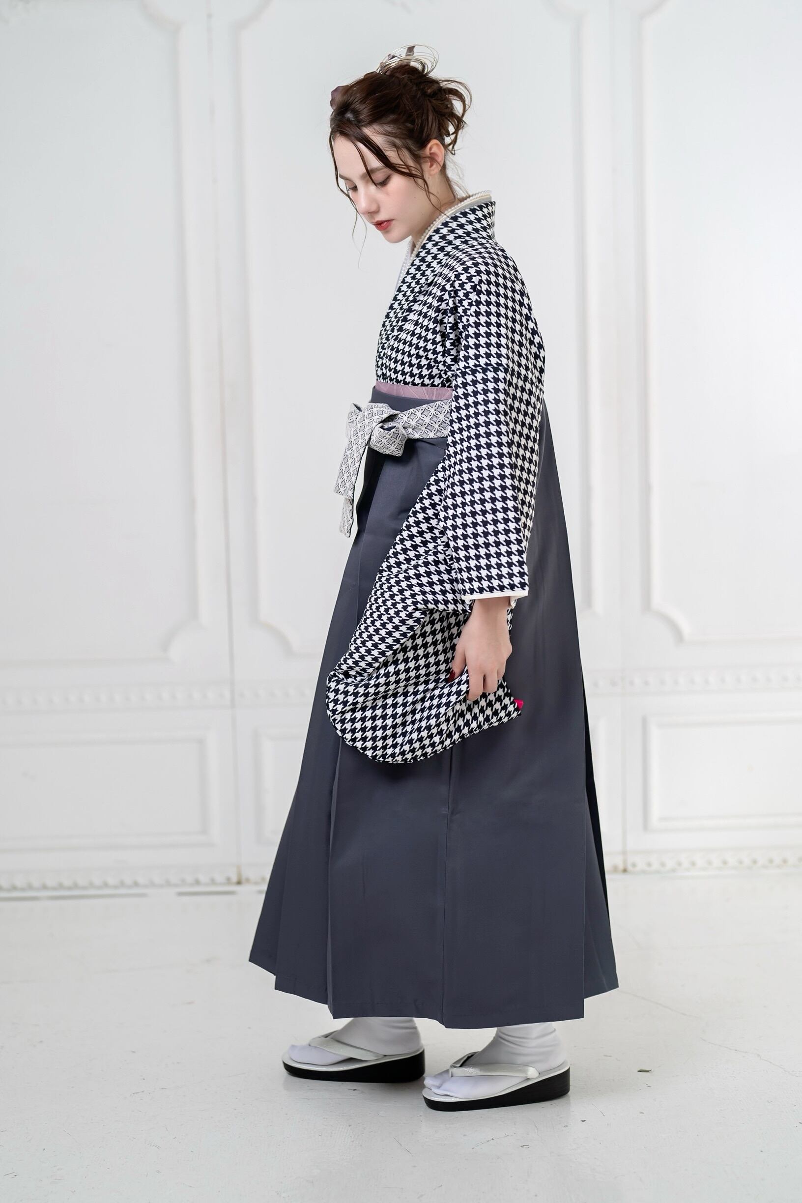 Kimono Sienne 卒業式袴3点セット 白 黒 グレー モノトーン 千鳥格子