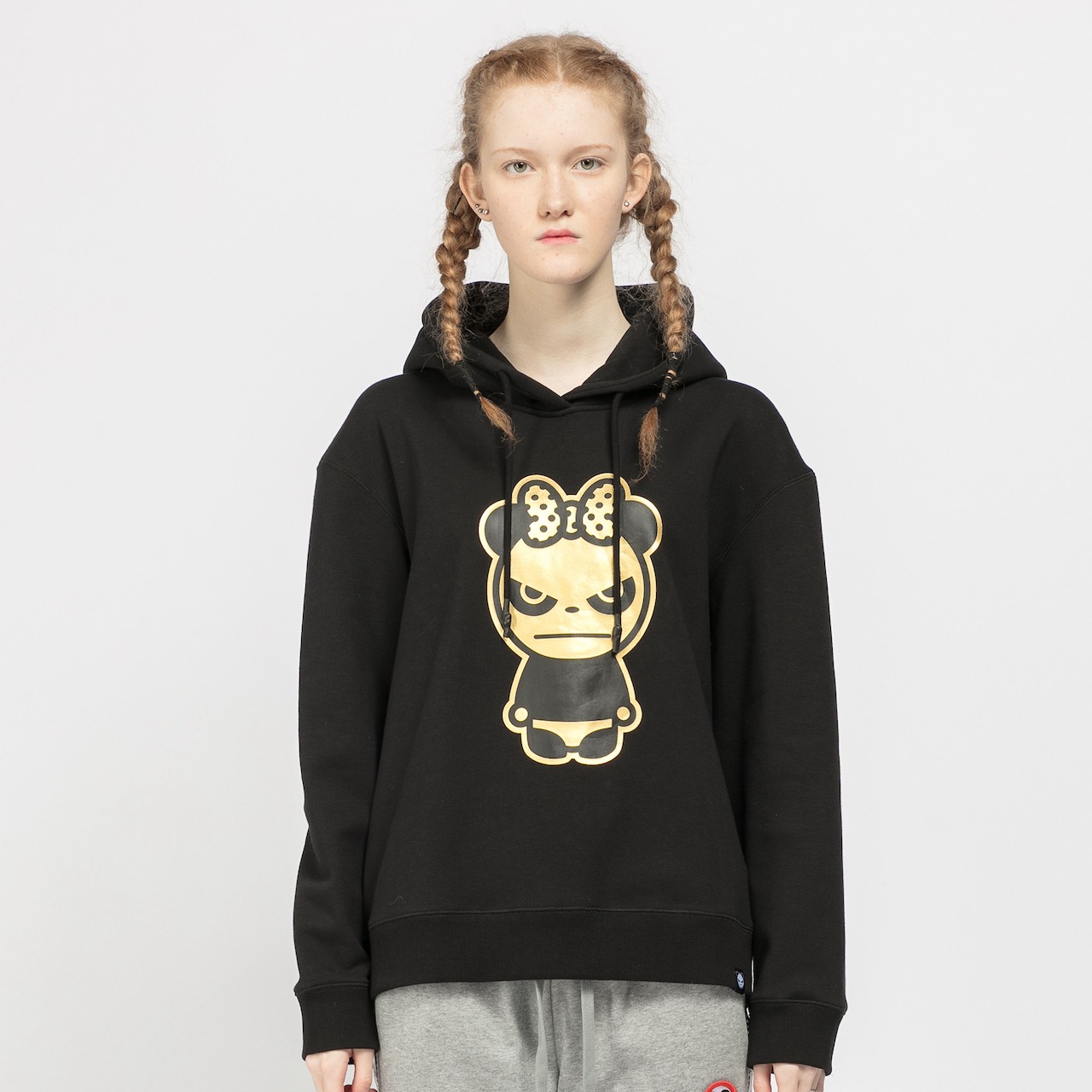 【HIPANDA ハイパンダ】レディース ゴールドプリント フーディー スウェット WOMEN'S  GOLD PRINT HOODIE SWEAT SHIRT / BLACK・KAHKI