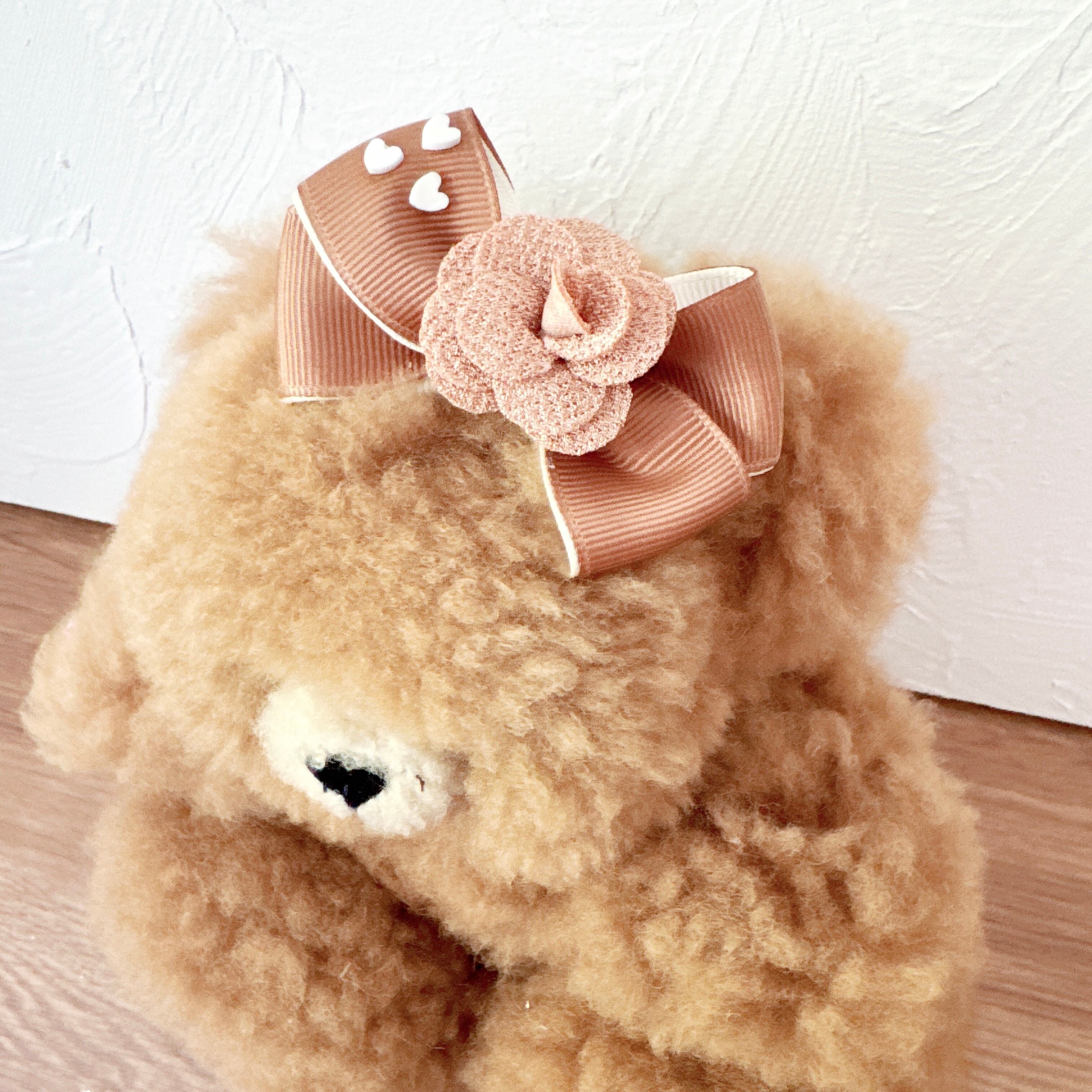 小さなハートとお花付き小さめリボンヘアバンド(後ろ支え付き)