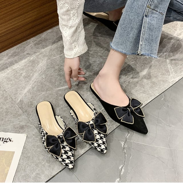 ミュール サンダル レディース ポインテッドトゥ リボン フェミニン 春秋 ぺたんこ おしゃれ かわいい 千鳥格子/ブラック 22.5cm/23cm/23.5cm/24cm/24.5cm