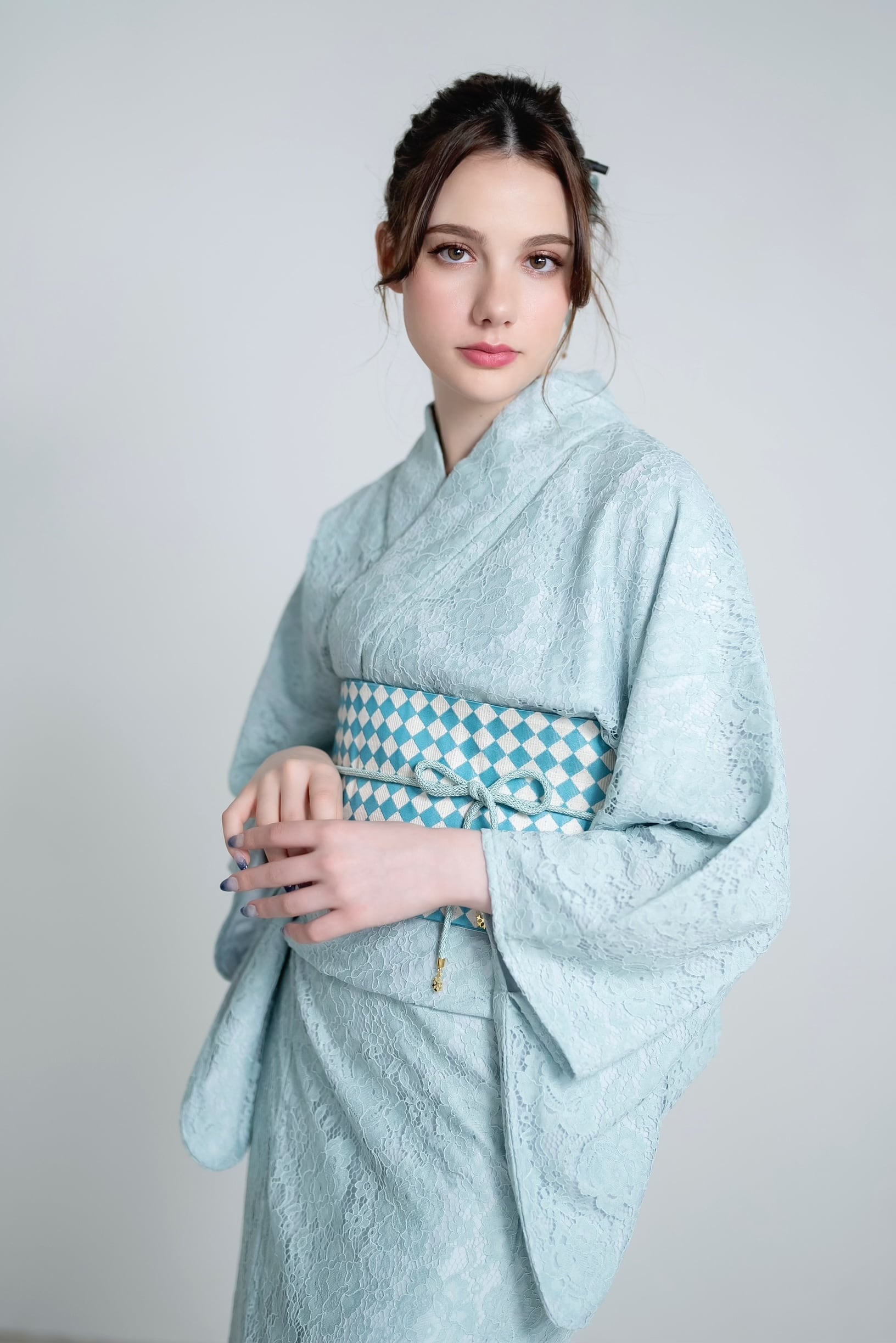 デニム　着物　浴衣　美品　レース　おしゃれ 浴衣ジェンヌ 浴衣3点セット 高級 総レース浴衣 ミントくすみカラー