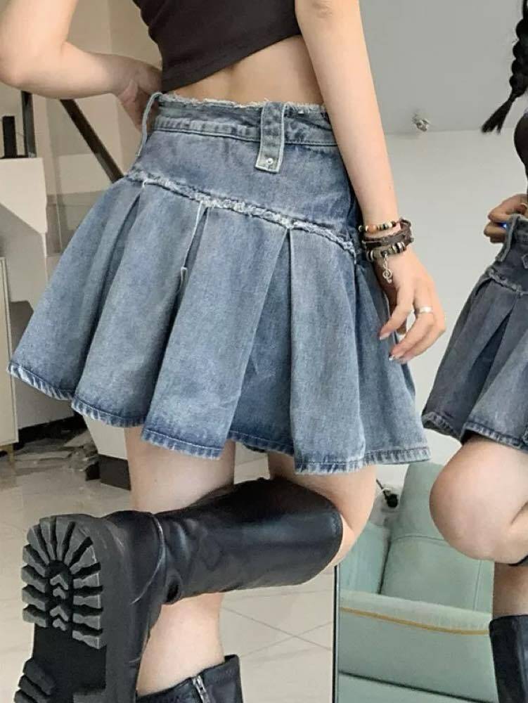 プリーツ×フリンジで差がつく プリーツデニムミニスカート ミニ丈