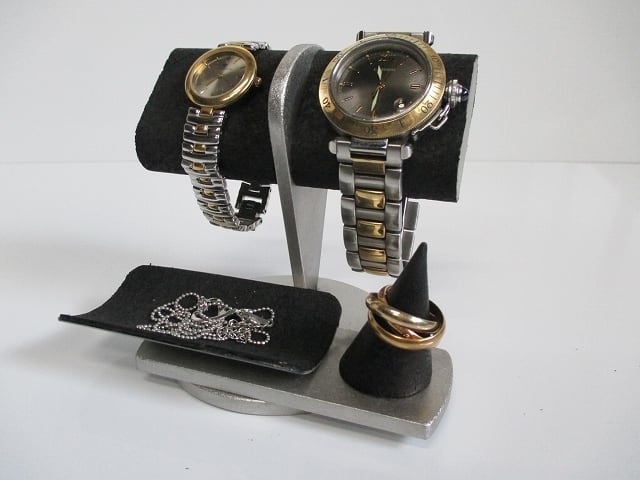 腕時計 飾る ブラック２本掛けだ円パイプトレイ、指輪スタンド付き