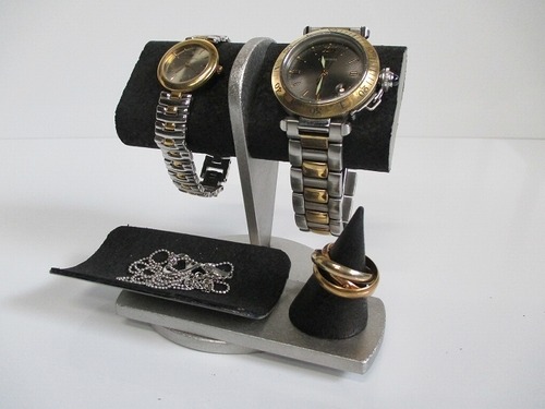 腕時計　飾る　ブラック２本掛けだ円パイプトレイ、指輪スタンド付き腕時計スタンド　190803　