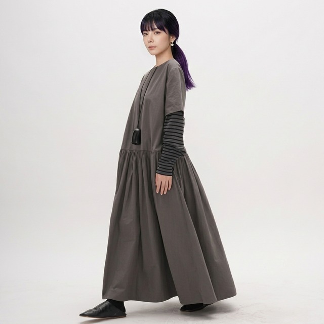 半袖マキシ丈ギャザ切り替えワンピース　【001879】