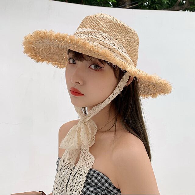 ストローハット 麦わら帽子 つば広 レース リボン かわいい おしゃれ