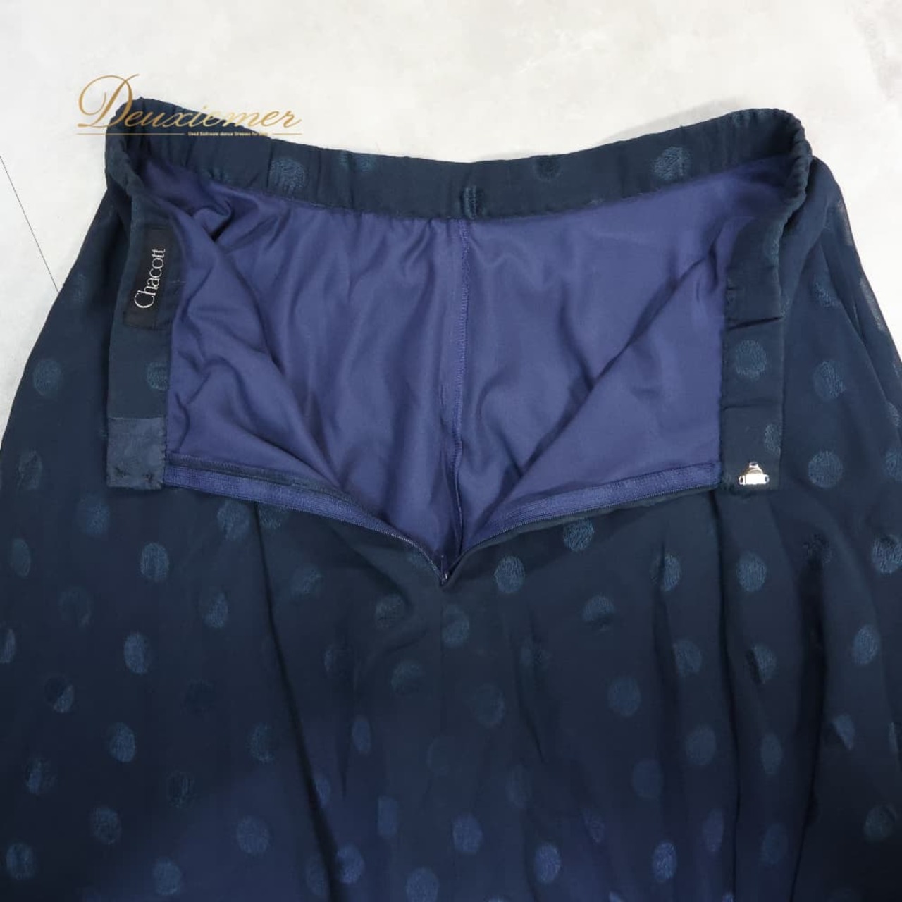 社交ダンス 衣装 スカート ネイビー系 チャコット Chacott 紺 水玉 ドット柄 練習 レッスン かわいい 上品 日本製 ふんわり ダンス衣装 イベント ステージ 透け感 おしゃれ