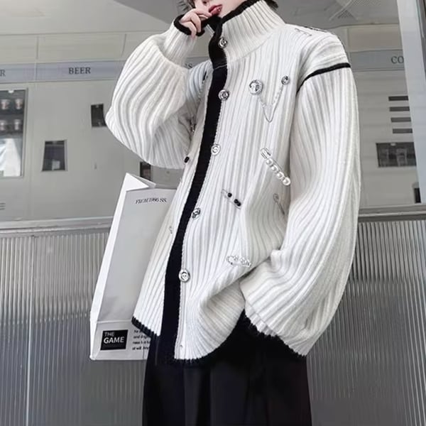 メタルバッジリブニットスタンドカラーホワイトカーディガン(ruf_02790)