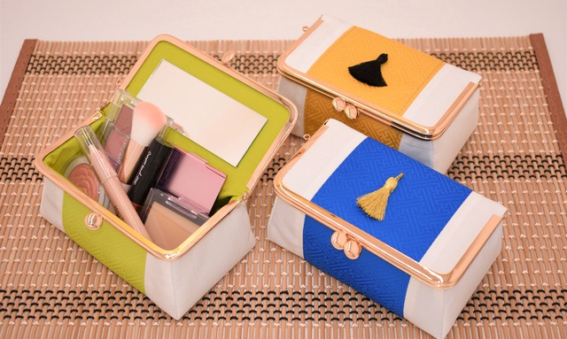 がま口 化粧 ポーチ ミラー付き (黒×レッド) 和柄 ジャガード 工房 手作り 日本製 エコパッケージ MX-0010-141