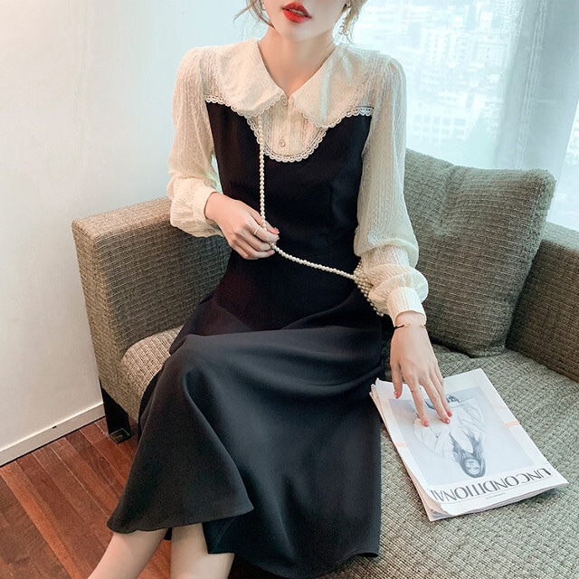 ワンピース レディース ひざ下丈 ミモレ丈 Aライン オケージョンワンピ お嬢様風 襟付き レース 異素材ミックス ブラック 長袖 S M L Xl 2xl Favoriteselect ワンピース レディース ひざ下丈 ミモレ丈 Aライン オケージョンワンピ お嬢様風 襟付き レース 異素材ミックス ブラック 長袖 S M L Xl 2xl Favoriteselect