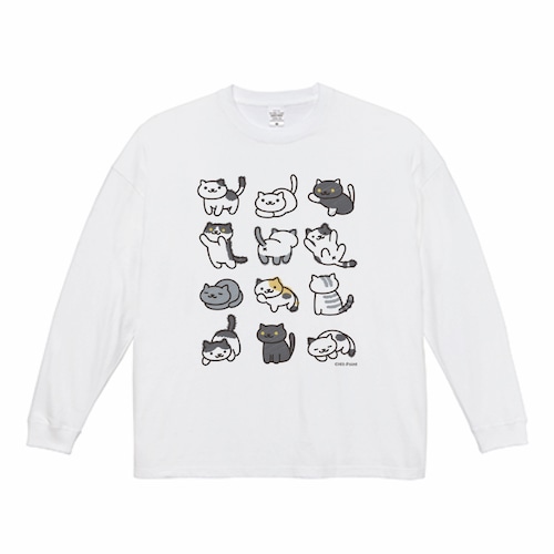 【超ビックプリント】ねこがいっぱいロングTシャツ2023（ビッグシルエット  ホワイト）